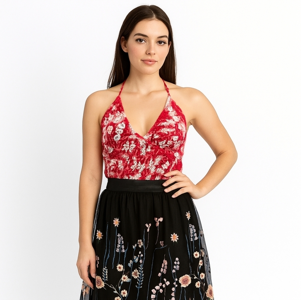 H&M Black Floral Embroidered Skirt Size 6 High Waist Mesh Tulle